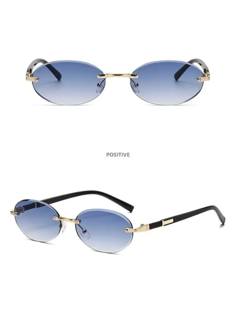 Oval Rimless Blue Lens Sunglasses With Gold & Black Metal Frame